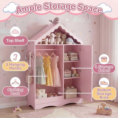Kids Dress Up Storage Wardrobe with Mirror, Rooftop Closet Organizer for Girls