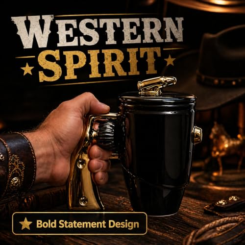 Revolver Mug with Lid - 16 oz Gold Gun Design Ceramic Coffee Cup with Spin Handle - Novelty Gift for Men Dad Husband