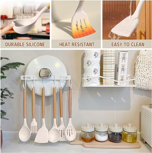 33-Piece Non-Stick Silicone Kitchen Utensils Set with Holder & Wooden Handles