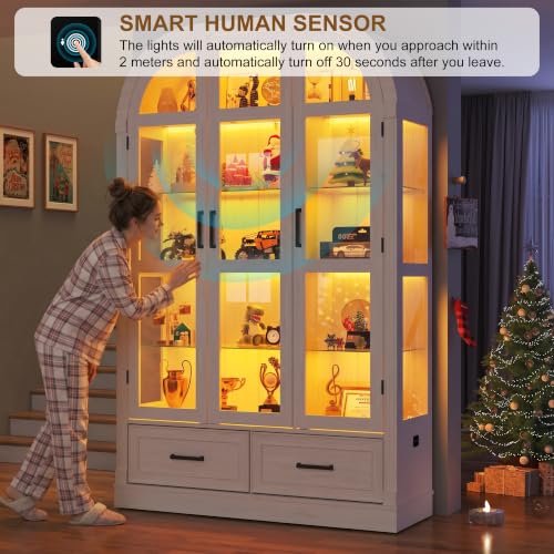 74-Inch Arched Glass Display Cabinet with Motion Sensor Tri-Color Lighting