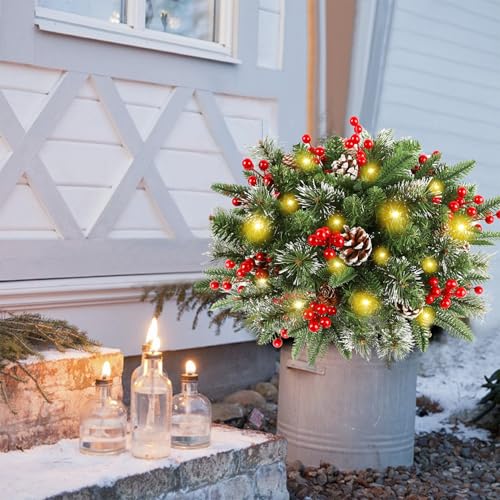 2 Pack Pre-lit Christmas Tree Urn Filler with Lights & Timer, Outdoor Artificial Pine Decor