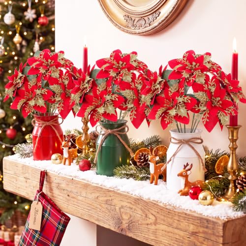 Christmas Poinsettia Centerpiece Set with Metal Jars - 6 Red & Gold Glitter Artificial Flowers for Holiday Decor