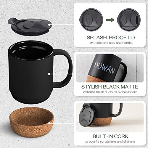 DOWAN Matte Grey 15 oz Coffee Mug Set of 2 with Cork Bottom & Spill-Proof Lid