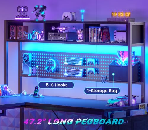 SEDETA 67-Inch L-Shaped Gaming Desk with Power Outlet, Pegboard & LED Lights - Black with Power Outlet and Pegboard