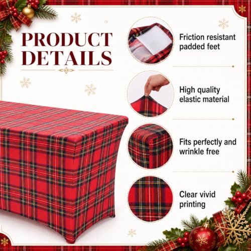 Frienda Red Plaid Christmas Tablecloth 6ft Tartan Stretch Holiday Cover - Dark Red Variation