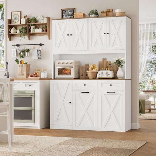 71" Kitchen Pantry Cabinet with Double Pull-Out Trash Can Storage, Farmhouse