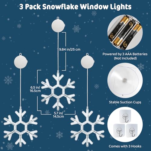 Lewondr 3-Pack Christmas Snowflake Window Lights with White LEDs & Timer