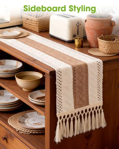 Boho Table Runner 12 x 72 Inch, Farmhouse Linen Textured Runner with Tassels