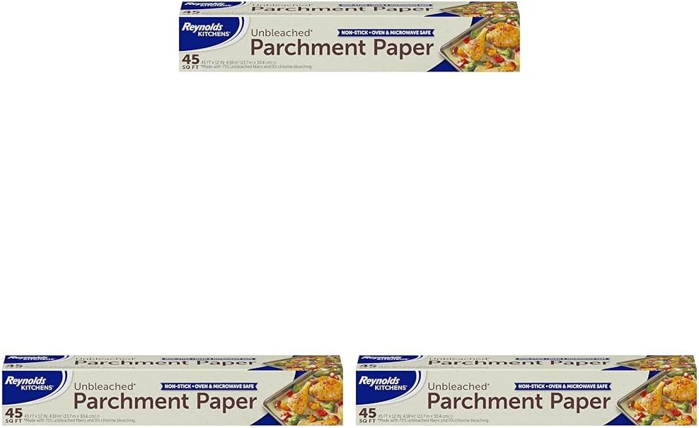 Reynolds Kitchens Unbleached Parchment Paper Roll - Non-Stick & Oven Safe up to 425°F | 45 Feet x 12 Inches (Pack of 3)
