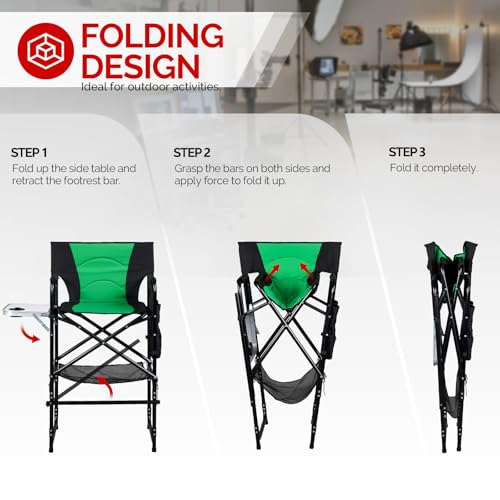 31-Inch Tall Folding Director Chair with Side Table & Storage, Green