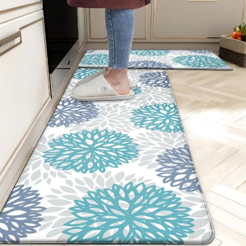 2-Piece Teal Anti-Fatigue Kitchen Mat Set, Cushioned Waterproof Floor Rugs