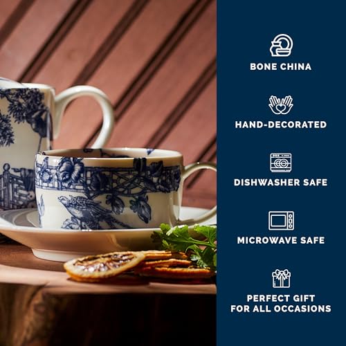 Caskata Chinoiserie Toile Bone China Tea Cups & Saucers Set of 2 - Blue Decorative Drinkware