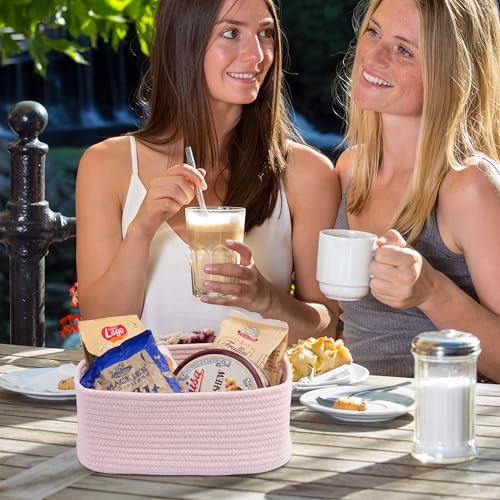 Small Woven Storage Baskets for Shelves, Pink Cotton Rope Bins 3-Pack