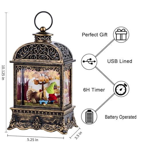Fall Gnome Snow Globe Lantern with Swirling Glitter - Lighted Thanksgiving Decor