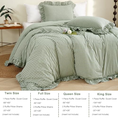 Sage Green Plaid Ruffle Duvet Cover Set - 100% Cotton, Full Size