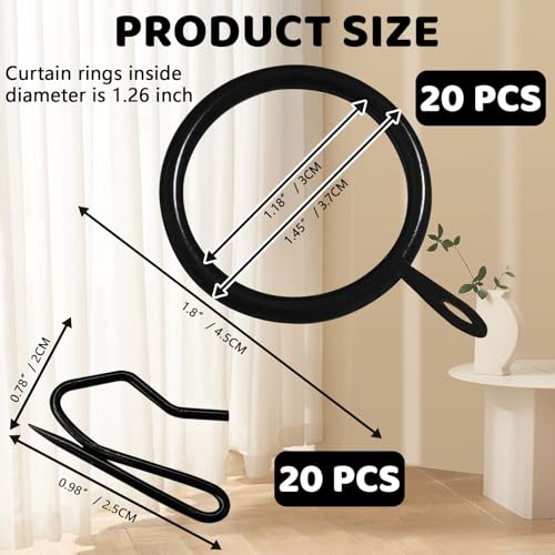 20-Pack Metal Curtain Rings with Hooks, 30mm Gold Drapery Pleat Set