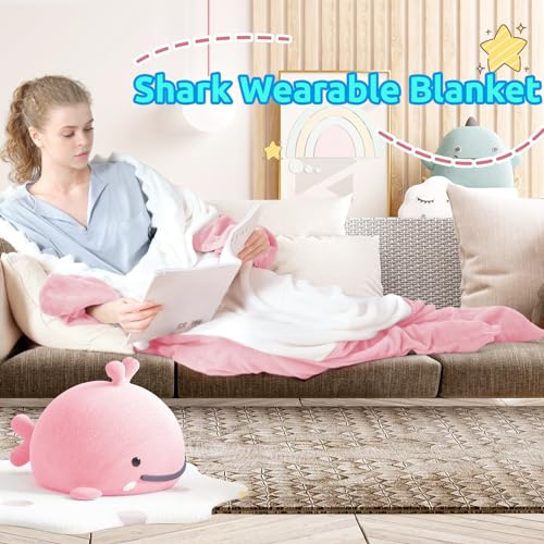 Shark Wearable Blanket Hoodie - Soft Flannel Pink Shark Onesie for Adults