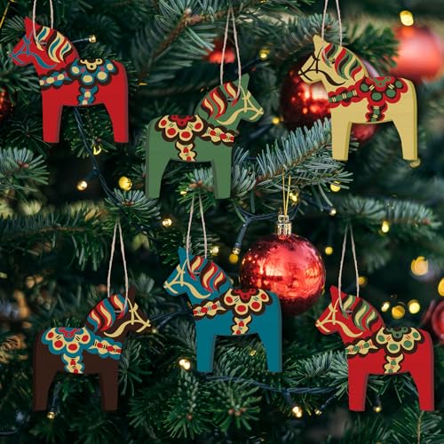 6-Piece Wooden Swedish Dala Horse Christmas Tree Ornaments, Vintage Style