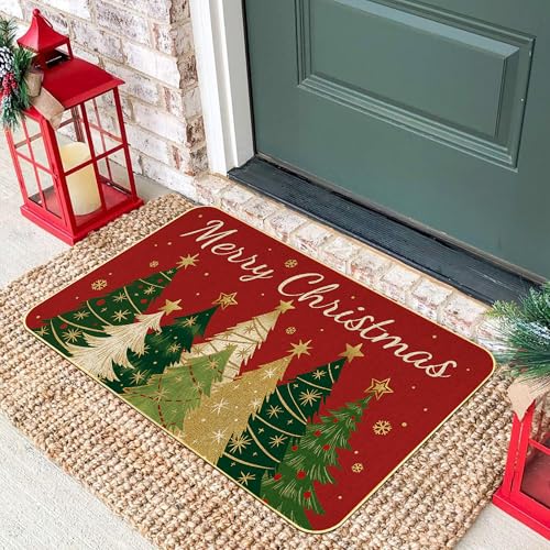 Soheioue Red Christmas Doormat - Festive Xmas Tree & Welcome Mat 17x29 Inch