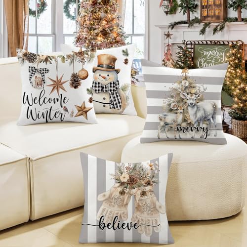 Artmag 16x16 Inch Christmas Pillow Covers Set of 4 Snowman Gloves Welcome Winter Grey White Stripes Farmhouse Home Decor