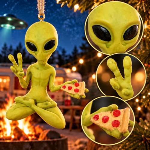 Funny Alien Christmas Ornament with Pizza - Sci-Fi Holiday Decor
