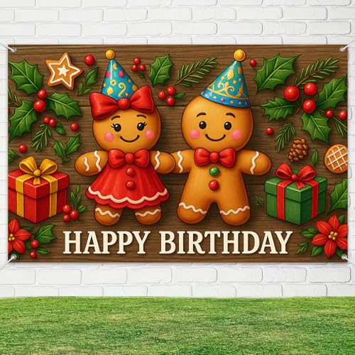 HOMETITUTE Gingerbread Happy Birthday Backdrop Banner 71x43 Inch - Rustic Holiday Party Decor, Pattern*2