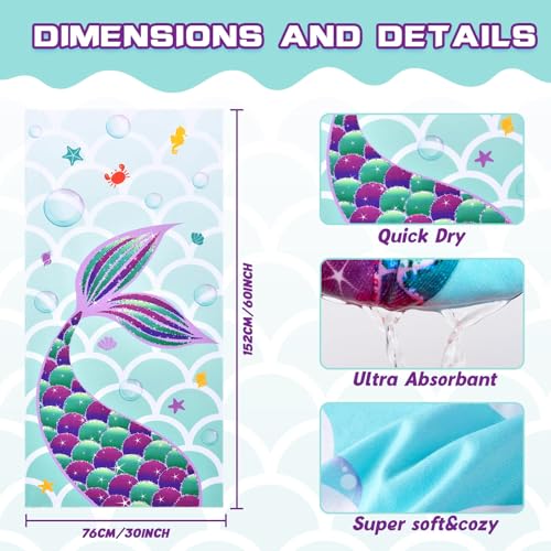 Mermaid Kids Beach Towel - Quick Dry Microfiber Swim Towel 30x60 Inch