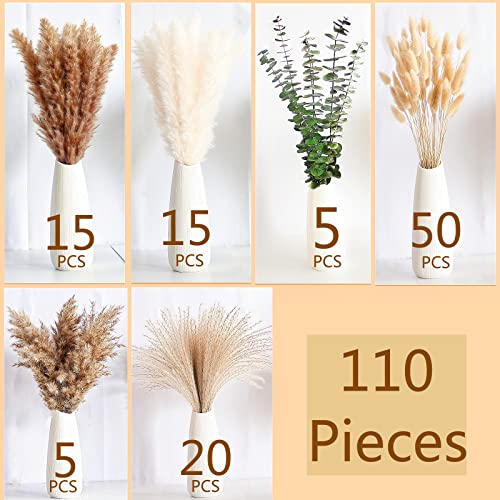 110 Pcs Boho Dried Pampas Grass Bouquet with Eucalyptus & Bunny Tails