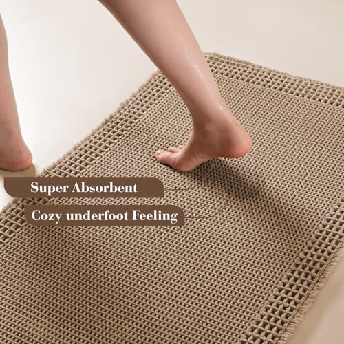 RESARE Waffle Bathroom Runner Rug 24"x72" Brown Non-Slip Boho Bath Mat