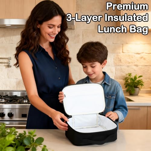 Kids Insulated Lunch Box Soft Thermal Cooler Tote Bag for School, Black