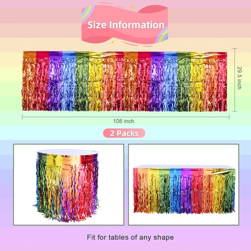 Rainbow Metallic Foil Fringe Table Skirt - 2 Pack Wavy Tinsel Party Decor