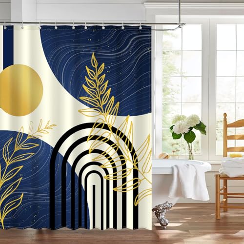 Boho Mid-Century Shower Curtain, Abstract Sun and Leaf Print, 72x72 Inch