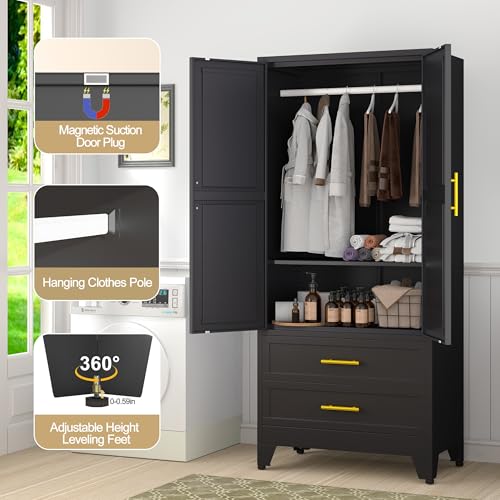 71" Metal Wardrobe Cabinet with 2 Drawers, Adjustable Shelf & Hanging Rod