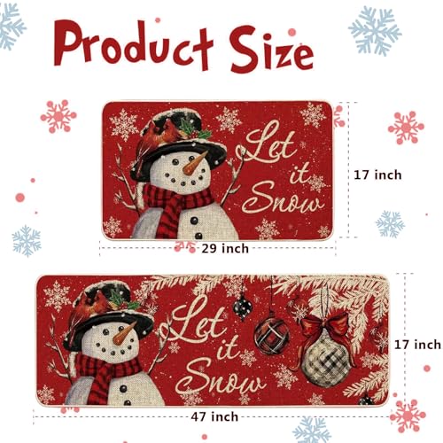 Snowman Christmas Kitchen Rugs Set 2-Piece Non-Slip 17x47 & 17x29 Inches
