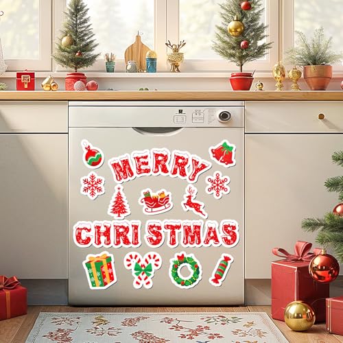 Merry Christmas Dishwasher Magnets 12pc Set – Reusable PVC Kitchen Refrig Door Decor