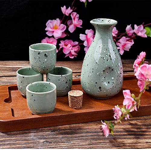 Large Cyan Ceramic Sake Set with Cork Stopper - Moss Green Speckled Drinkingware