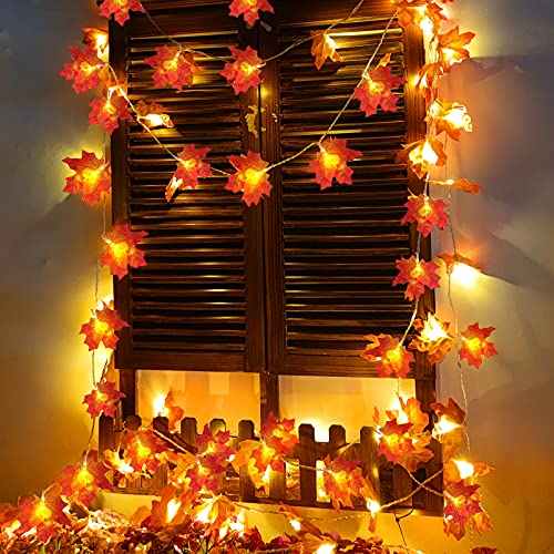 TURNMEON Fall Garland with Lights 20Ft 40LED Maple Leaves Autumn Decor