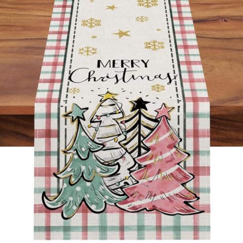 Christmas Table Runner 13x72 Inch Buffalo Plaid Snowflake Xmas Trees Decor
