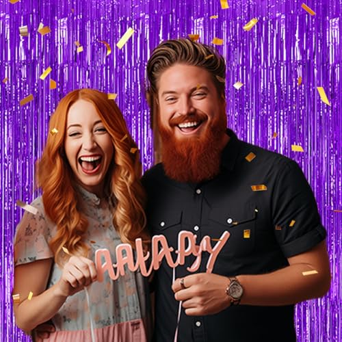 Purple Foil Fringe Backdrop 3-Pack - 3.3x8.2 FT Metallic Tinsel Curtains