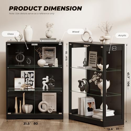 41.7" Glass Display Cabinet with LED Lights and Motion Sensor, Black