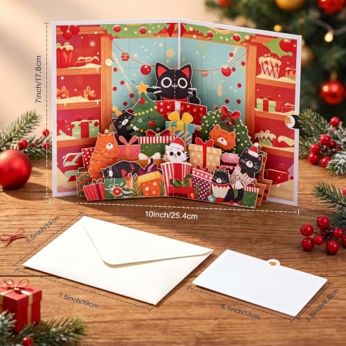 Christmas Cat 3D Pop Up Greeting Card with Envelope - Funny Holiday Card for Cat Lovers
