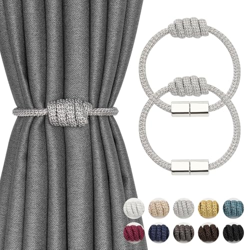 Magnetic Curtain Tiebacks, 2-Pack Hand-Woven Rope Holdbacks - Silver Grey