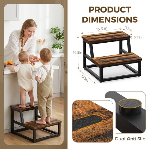 2-Step Stool with Non-Slip Rubber Feet, Sturdy Steel & Wood Ladder for Home
