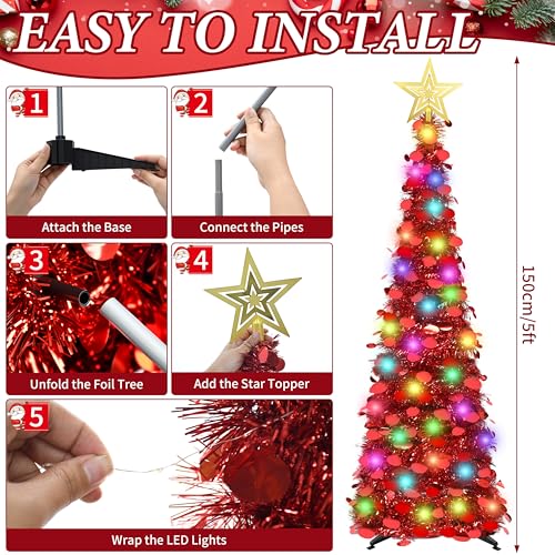 5ft Prelit Pop-Up Christmas Tinsel Pencil Tree with 50 LED Lights - Red