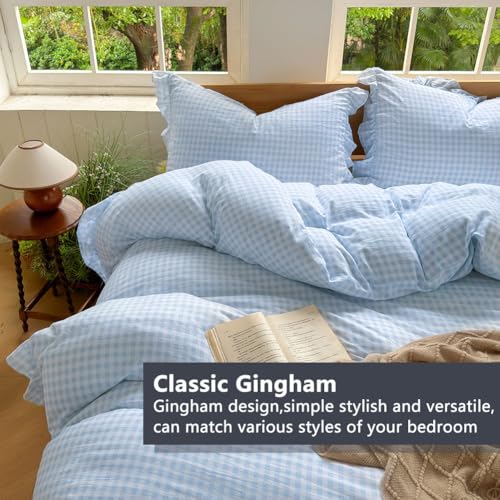 Light Blue Gingham Twin Duvet Cover Set with Ruffles - Plaid Bedding