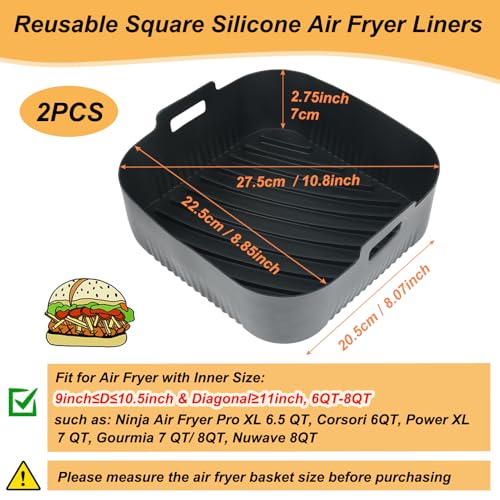 9-Inch Reusable Square Silicone Air Fryer Liners - 2 Pack for 6-8QT Baskets