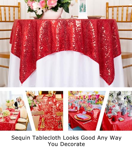 36x36 Inch Red Sequin Tablecloths | 2 Pack Sparkle Square Party Linens for Weddings & Christmas