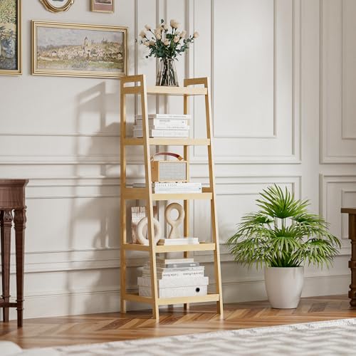 5-Tier Bamboo Ladder Bookcase, Freestanding Storage Shelf & Plant Stand
