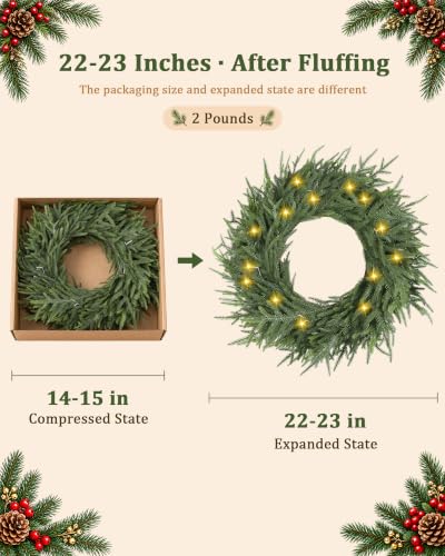 23" Norfolk Pine Wreath - Pre-Lit Front Door Decor, Hecaty 23inch
