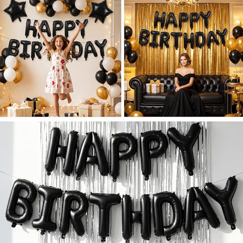 TONIFUL 16 Inch Black Happy Birthday Foil Letter Balloon Banner Decorations